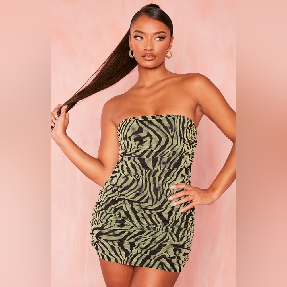 PrettyLittleThing Green Flocked Animal Print Bandeau Ruched Bodycon Dress